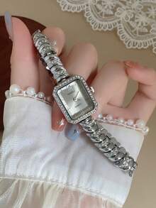 1件金色方形手鍊女款石英手錶，精緻小巧時尚，適合日常搭配，生日/畢業禮物，休閒風格 - 銀色 - 查看 6