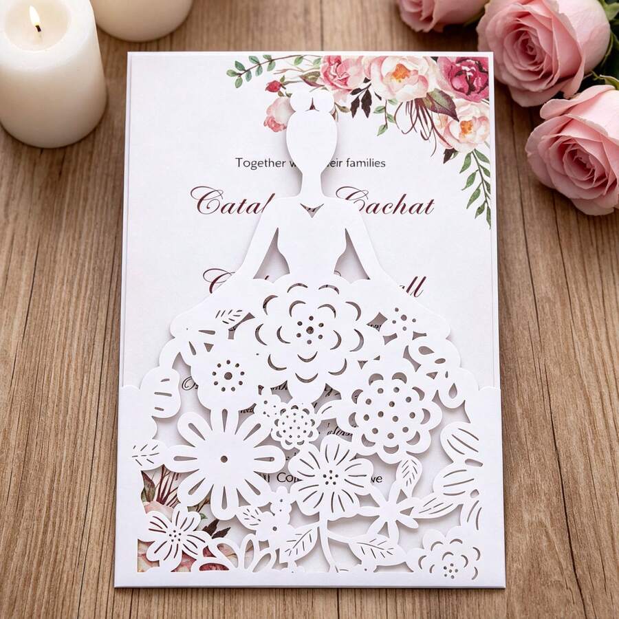 1PC Wedding Invitation Card, Holiday Greeting Card, Princess Hollow Out Beautiful Rose Girl Invitation Envelope Card - White - View 1