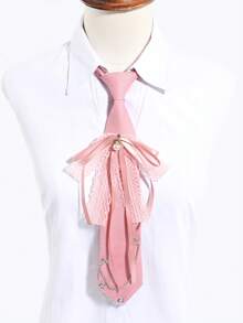 1pc Women Pink Lace Ribbon Pearl Chain Decor Slim Necktie Sweet Preppy Style Shirt Suit Accessory - Multicolor - View 3
