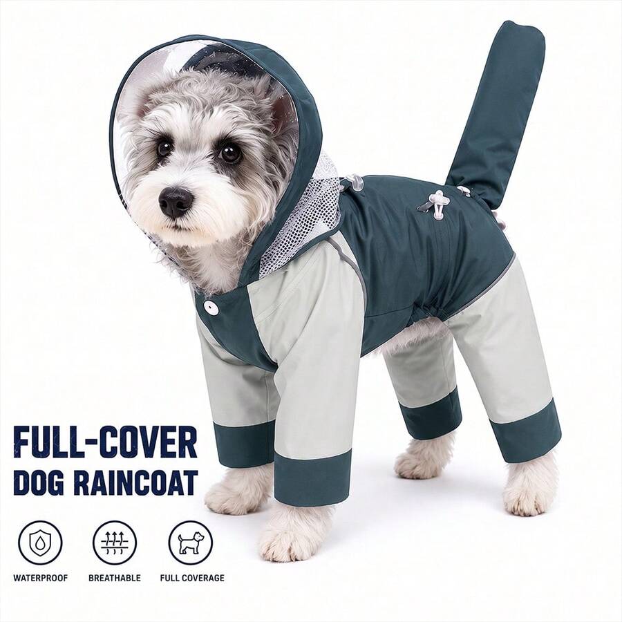 Full Coverage Pet Raincoat, High-Performance Waterproof Fabric With Breathable Mesh Lining To Prevent Fur Clumping; Features Elevated Transparent Eye-Protection Brim To Block Mud And Water Splashes On Rainy Days, High-Visibility Reflective Strips For Nighttime Walks. Detachable Tail Cover With Buttons For Easy Cleaning; Back Leash Hole And Adjustable Belly Straps Fit Various Small To Medium Dogs, Secure Snap Buttons For Easy On And Off, Full Leg Coverage To Keep Paws Dry, Suitable For Schnauzer, Teddy, Bichon And Other Small Dogs, Durable And Dirt-Resistant Waterproof Dog Raincoat For Outdoor Rainy Walks. - Army Green - View 1