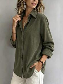 Women's Corduroy Shirt Solid Color Long Sleeve Button Down Collar Casual Loose Fit Top Fashion Daily Wear - Army Green - View 4