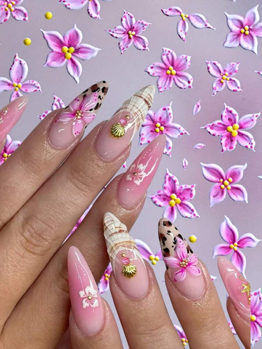 1pc Pink Leopard Print Polka Dots Lily Flower Nail Sticker Charms,Cute 5D Soft Embossed Self Adhesive Five-Petaled Flower Floral Nail Art Decals,Gentle Style, Fresh Spring Floral Patterns, Spring And Summer Nail Art, DIY Decoration For Daily/Date/W