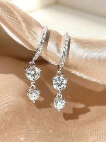 1 Pair S925 Sterling Silver Long Dangle Earrings With Synthetic Cubic Zirconia, Elegant Quality Jewelry For Women - Silver - View 3