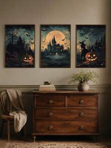 3er Set Leinwandkunst, gerahmte Wanddekoration, Galerie Set, Vintage Halloween Hexe, Kürbis & Fledermaus Ölgemälde, dunkler gotischer Horror Herbst Dark Academia Stil Leinwandkunst, Retro verwitterte seltsame Ästhetik rahmenloses Poster Set, Bestseller dekoratives Gemälde Set, geeignet für moderne Wohndekoration, Raumdekoration, Wohnheimdekoration, Schlafzimmerdekoration, Badezimmerdekoration - Retro-Kunst - Übersicht 1