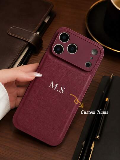 Capa de Telefone de Couro com Textura de Lichia de Luxo Personalizada, Nome com Letra Personalizada, Adequada para 17 16 15 14 13 12 11 Pro Max 16 Plus 17 Air, Proteção Completa da Câmera Anti-Queda Anti-Impressão Digital Capa de Telefone, Presente Personalizado, Estético