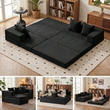 6-In-1 Boneless Couches L-Shaped Modular Sectional Sofa| Cloud Couch Sectional & Tri-Folding Mattress| Corduroy Pet-Friendly Convertible Sofa Bed With 800LB Capacity Apartment, Guest Room ZLYH - Black - View 2