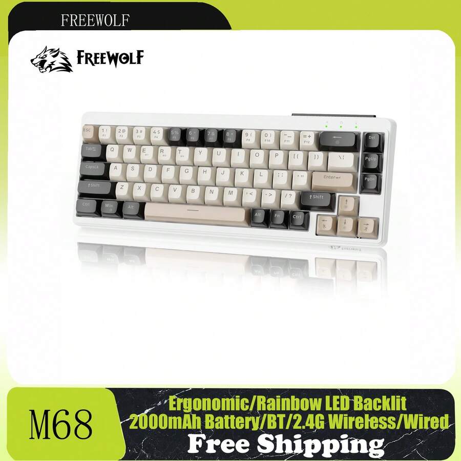Teclado Gaming Inalámbrico FREEWOLF M68 65%, Bluetooth/2.4GHz/Cableado Tri-Modo, Teclado de Membrana Silencioso, Teclas PBT, Recargable 2000mAH, 67 Teclas con Retroiluminación LED Arcoíris para PC Gaming Win/ - Ver 1