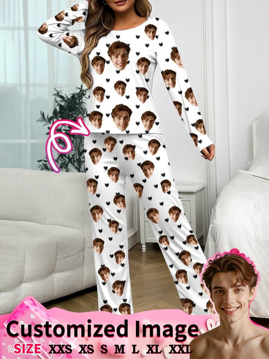 2pcs Customized Face Photo & Heart Pattern Women's Pajama Set, Short Sleeve Round Neck Top And Long Pants, Loungewear - Black - View 1