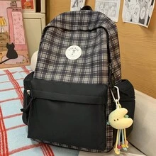 1 Piece Plaid Pattern Backpack With Large Storage Space For Middle And High School Girls And College Students For School And Travel - Brown - View 3