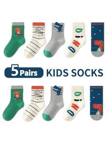 5 Pairs Kids Socks Cartoon Dinosaur & Letter Pattern Boys Girls Baby Versatile Mid-Calf Socks - Multicolor - View 10