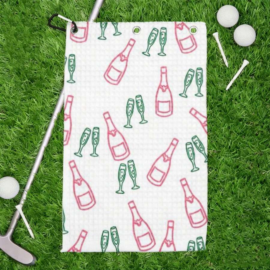 Golf Towel Pink & Green Champagne & Flute All-Over Print Golf Club Towel With Grommets - Golf Bag Printed Golf Towels, Funny Golf Towel, Accessory For Men & Women, Birthday Gift For Golfer,Estilo Coreano - Multicolor - View 1