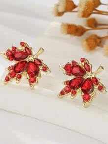 1 Pair Fashionable Elegant Red Rhinestone Maple Leaf Stud Earrings, High-End Luxury Versatile Autumn/Winter Earrings - Gold - View 4