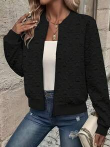 Jaket Baseball Wanita Hitam Motif Hati Berlapis, Lengan Panjang, Resleting, Detail Rajutan Bergaris, Pakaian Luar Kerah Baseball Potongan Reguler yang Modis - Hitam - View 4