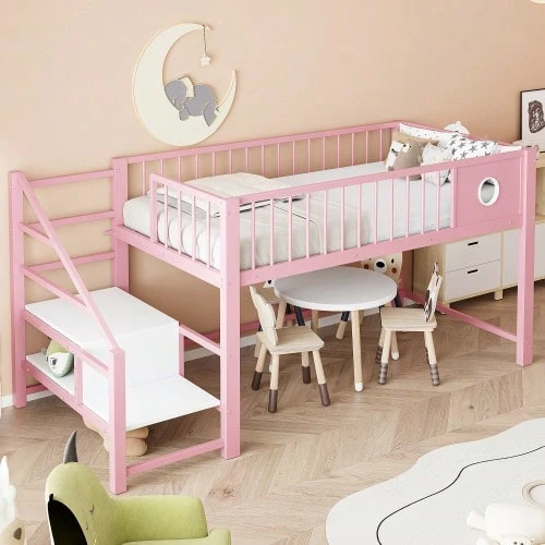 Low Loft Bed For Kids (90 X 200 Cm) With Storage Ladder - Pink - View 1