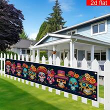 2d Plane Banner, 1 Piece, Mexican Day Of The Dead Courtyard Banner, Polyester Fiber, Candy Skull Pattern, Suitable For Indoor And Outdoor Garden Porch And Lawn Decoration. - 1 - View 4
