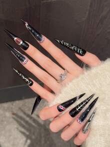 10Pcs Pure Hand-Pressed Extra Long Pointed Nail Art, Beautiful False Nails, Premium Sweet Cool Hot Girl Style With Devil's Eye And Metal Angel Decorations, Unique Dark Gothic, Heavy Extra Long Stiletto Handmade Press-On Nails, Suitable For Women - Black - View 3