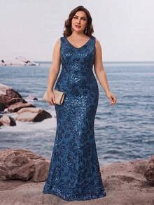 BluePlum Gaun Malam Model Duyung Tanpa Lengan Berkerah V dengan Hiasan Payet Ukuran Plus yang Elegan untuk Pesta Pernikahan Musim Gugur - Teal Blue - View 6