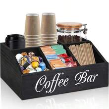 Rustic Wooden Coffee Station Storage Rack, Countertop Use, Multifunctional Brown Coffee Capsule Storage Basket With Drawer And Hooks, Suitable For Coffee, Tea And Accessories Decoration, Coffee Bar Applicable - Multicolor - View 2