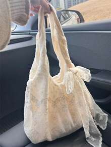 Sac fourre-tout à l'épaule pour femmes, tissu de dentelle brodé de fleurs, décoration de nœud en dentelle transparente, sac à main de style campagnard féerique à grande capacité souple, utilisation quotidienne pour les courses d'été - Blanc - Voir 5