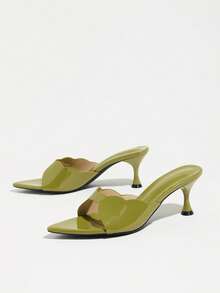 Women's Summer Fashion Versatile Pointed Toe Cup Heel Avocado Green Solid Color High Heel Sandals Unique Cloud-Shaped Shell Kitten Heel Low Heel Mule Slippers Nightclub Party Runway Banquet Vacation Date Gift Holiday Celebration Valentine's Day Mother's Day Women's Shoes - Avocado Green - View 5