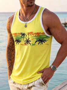 Men's Vacation Style Coconut Tree Print Tank Top, Summer Beach Casual Sleeveless Shirt - Yellow - View 5