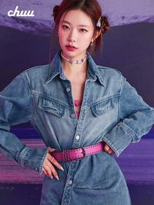 CHUU Single-Breasted Lapel Dress Women Autumn Asymmetrical Long Sleeve Chic Denim Mini Skirt - Blue - View 6