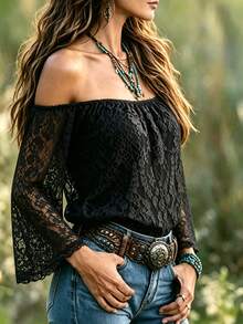 Hot Girl Style Schwarzes Spitzen-Schulter-Top Damen Hochwertiges figurbetontes Kurzarm T-Shirt - Schwarz - Übersicht 6