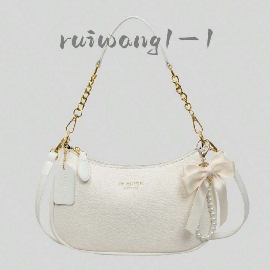 Bolsa de Ombro Feminina Cor Sólida Material PU, Letras, Laços e Pingentes de Pérola - Branco - Visão 1