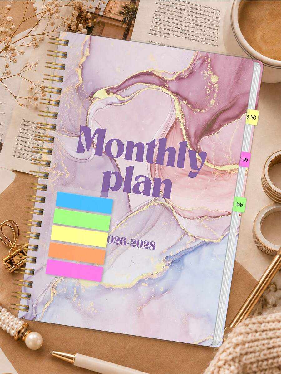 Planejador Mensal de 24 Meses 2026-2028, Organizador de Agenda com Mármore Rosa com Grande Espaço para Escrita, Seção de Notas & Abas Coloridas para Casa, Acessórios de Mesa de Escritório, Cadernos de Notas para Escola, Acessórios de Professor, Presentes de Halloween