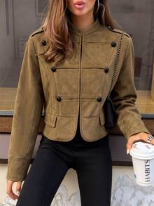 Women's Button-Up Short Jacket, Brown Stand Collar Vintage Style, French Chic - Brown - View 4