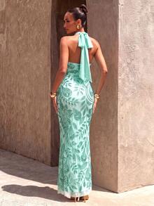 Vestido de cuello halter con cintura anudada y lentejuelas de corte aleatorio UNITHORSE - verde menta - Ver 4