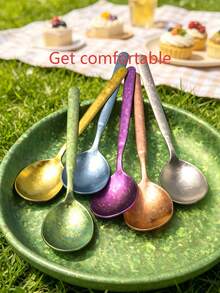 6pcs Pure Titanium Spoons, Exquisite Ice Flower Design Soup Spoons, Home Western Style Spoons, Eating Spoons, Dessert Spoons, Watermelon Spoons, Cake, Coffee, Ice Cream, Honey Spoons - Multicolor - View 3