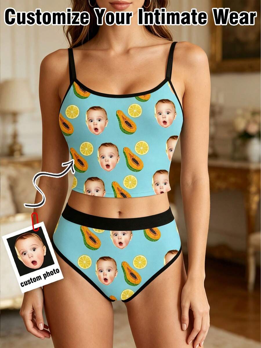 Personalized Multi-Photo Custom Print Fruit Camisole & Panty Sleepwear Set, Fun Tropical Style, Anniversary Gift For Wife - Multicolor - View 1