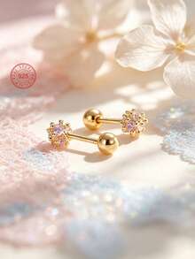 1 Pair 925 Sterling Silver Hypoallergenic Flower Ball Stud Earrings, Cute And Playful, Inlaid With Pink Zirconia, Spiral Ear Post For Secure Fit, Exquisite And Adorable, Gift Box Included, Suitable For Daily Or Holiday Wear, Gift For Girls, Gift For Girl, Gift For Friends, Gift For Back To School, Holiday Gift - one-size - View 2
