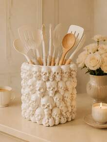 1件裝骷髏餐具收納筒 白色哥德風廚房檯面收納架 萬聖節廚房裝飾 適合存放鏟勺、湯勺與木匙的恐怖風烹飪工具收納罐 哥德風居家禮物 - 彩色 - 查看 5