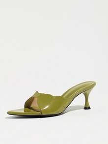 Women's Summer Fashion Versatile Pointed Toe Cup Heel Avocado Green Solid Color High Heel Sandals Unique Cloud-Shaped Shell Kitten Heel Low Heel Mule Slippers Nightclub Party Runway Banquet Vacation Date Gift Holiday Celebration Valentine's Day Mother's Day Women's Shoes - Avocado Green - View 4
