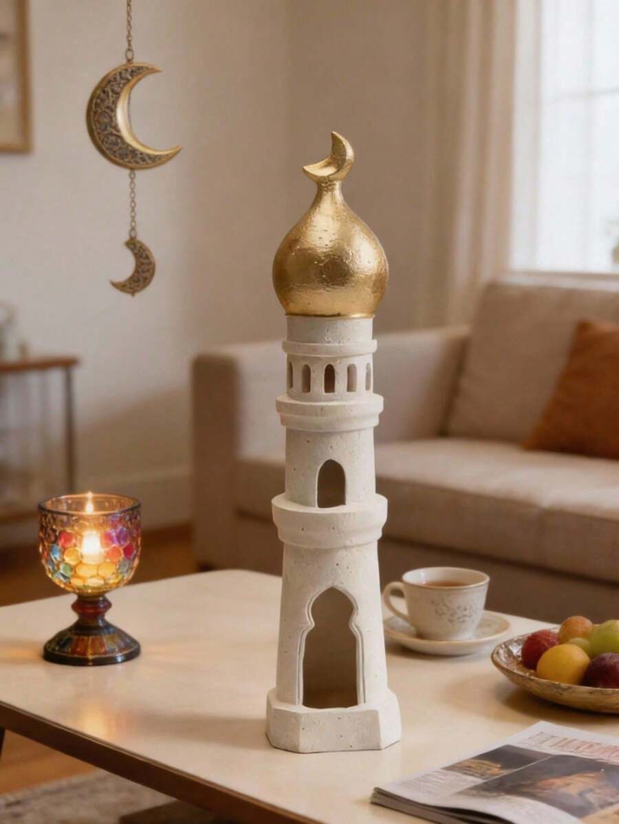Figura decorativa de escritorio 1 ud., estilo islámico-turco en yeso blanco dorado, diseño simétrico vertical con calados intrincados y acabado elegante.Ideal para Ramadán, Eid al-Fitr, Eid al-Adha y otras celebraciones musulmanas.Perfecta como elemento decorativo en salones, oficinas, estantes o mesas de centro - Torre - Ver 1
