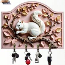 2D Flat 1pc Squirrel Branch Design Wooden Multi-Function Key Holder, With 4 Metal Hooks, Wall Decor, Porch Decor, Room Decor - Khaki - View 1