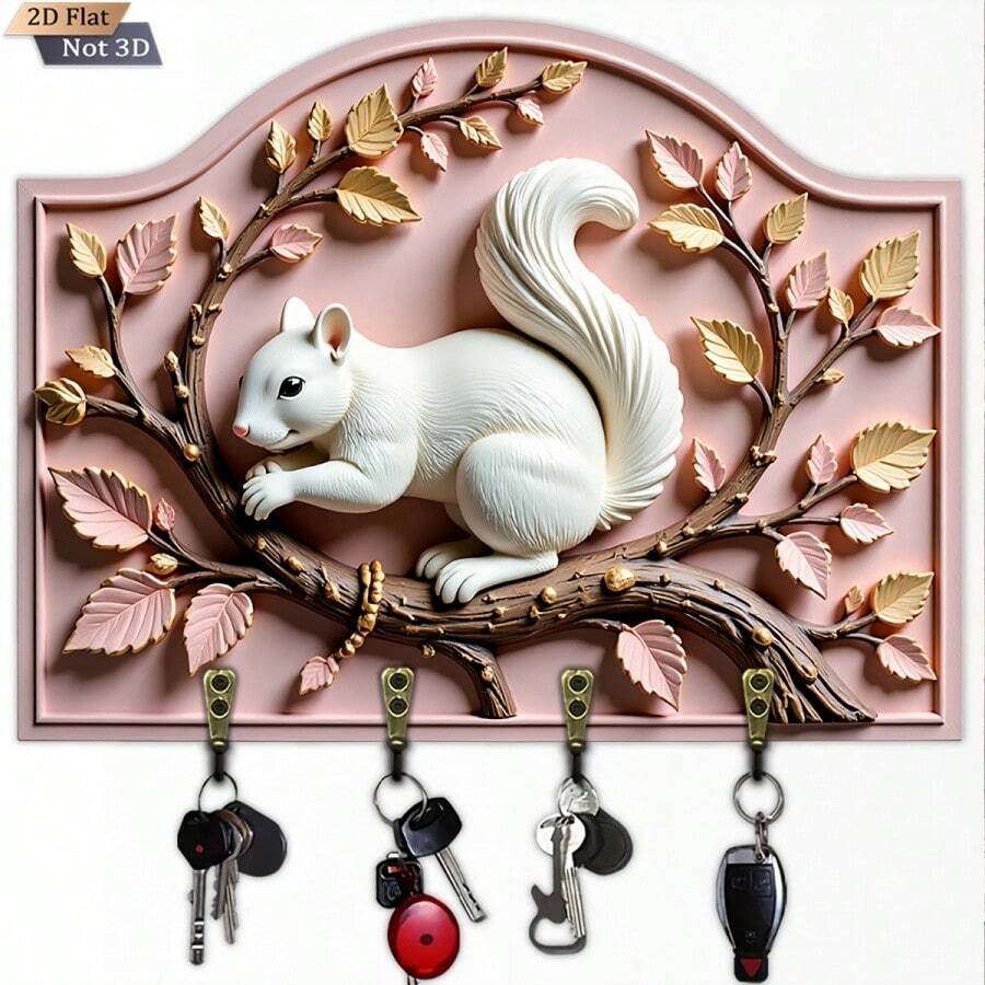 2D Flat 1pc Squirrel Branch Design Wooden Multi-Function Key Holder, With 4 Metal Hooks, Wall Decor, Porch Decor, Room Decor - Khaki - View 1
