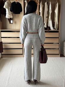 Grey Knit 2 Pieces Set, Cropped Button-Up Cardigan + Wide Leg Pants Slouchy Outfit Fall - Grey - View 8