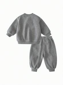 mini bala Baby Boys Girls Ribbed Cotton 2 Pieces Outfit Half Placket Sweatshirt Jogger Pants Set Soft Autumn Wear - Medium Gray - View 2