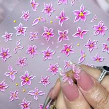 1pc Pink Leopard Print Polka Dots Lily Flower Nail Sticker Charms,Cute 5D Soft Embossed Self Adhesive Five-Petaled Flower Floral Nail Art Decals,Gentle Style, Fresh Spring Floral Patterns, Spring And Summer Nail Art, DIY Decoration For Daily/Date/W - Multicolor - View 10