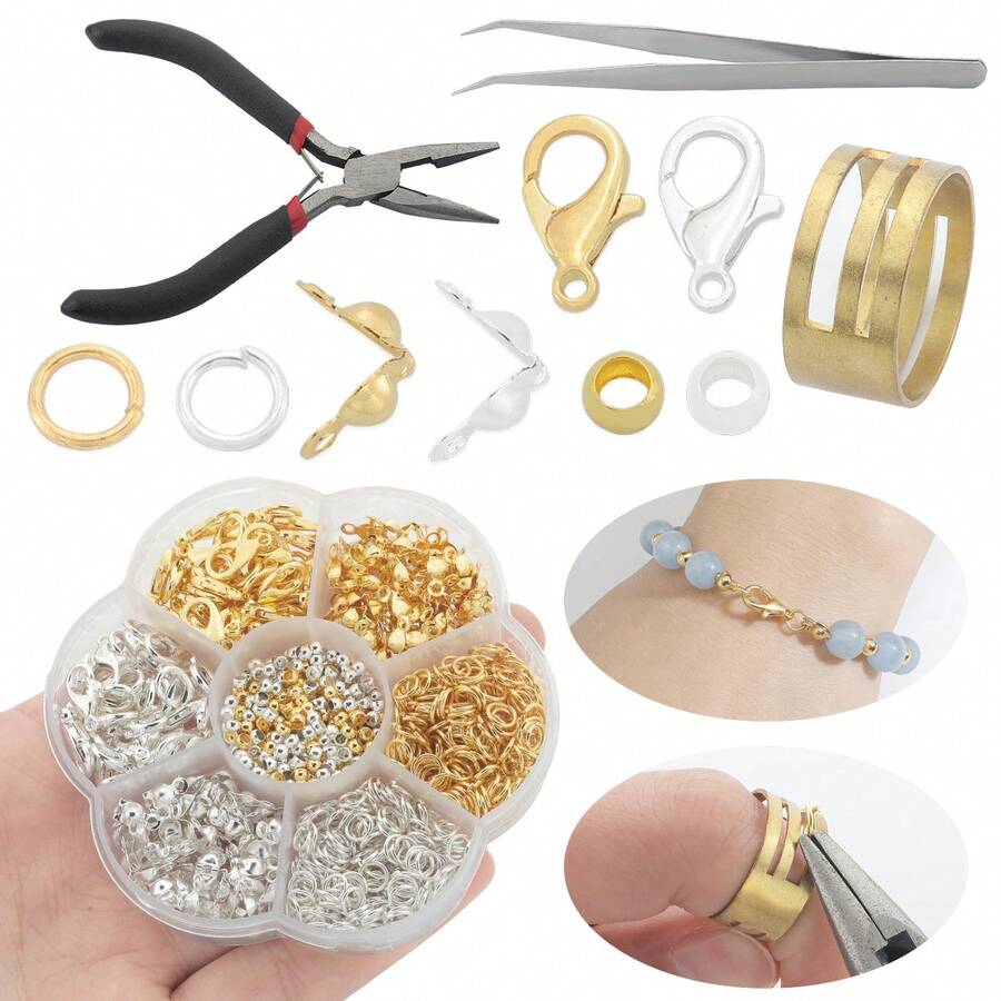 360pcs/363pcs/3pcs DIY Jewelry Findings Connector Set With 7-Compartment Box (Lobster Clasps, Jump Rings, Crimp Beads, Positioning Beads), 3 Tools (Pliers, Tweezers, Ring Holder), Suitable For Beaded Jewelry Making, Bracelets, Necklaces, Anklets, Open Jump Rings, Bead Connectors, Bag Charms, Jewelry Accessories, Handmade Craft Materials - Lobster Clasp & Button & Positioning Bead & Jump Ring - View 1
