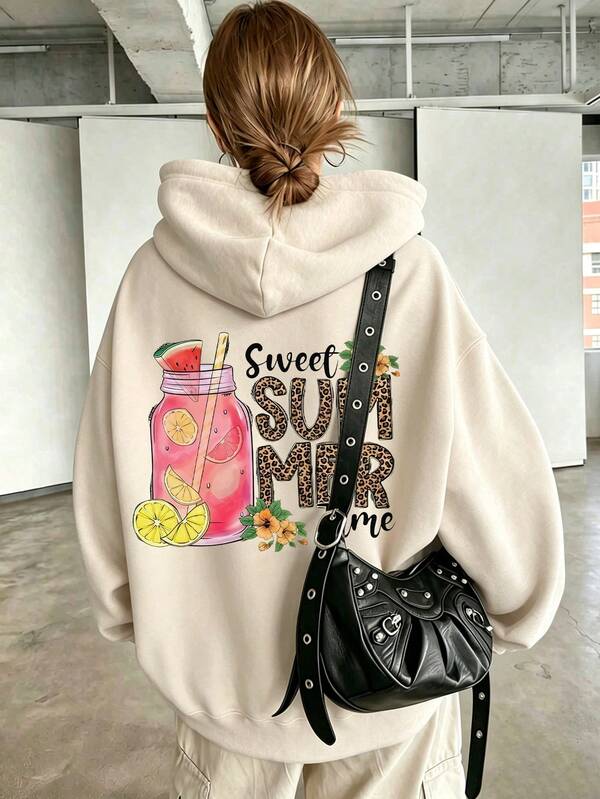 Beverage Letter Print Sweatshirt, Plus Size Women's Casual Autumn/Winter Long Sleeve Pocket Sweatshirt Sweatshirt, Suitable For Winter Holiday Outfits, Beach Outfits, Vacation Outfits, Autumn Outfits, Halloween Outfits, Christmas Outfits, New Year Outfits. Suitable For Daily Wear, Going Out Tops, Outings, Holidays, Beach, Parties, Birthdays, Beach, Gatherings, School, Music Festivals, Vacations, Commuting, Fitness, Weddings, New Year, Fashionable, Winter Tops, Women's Autumn Outfits, Women's Holiday Clothing