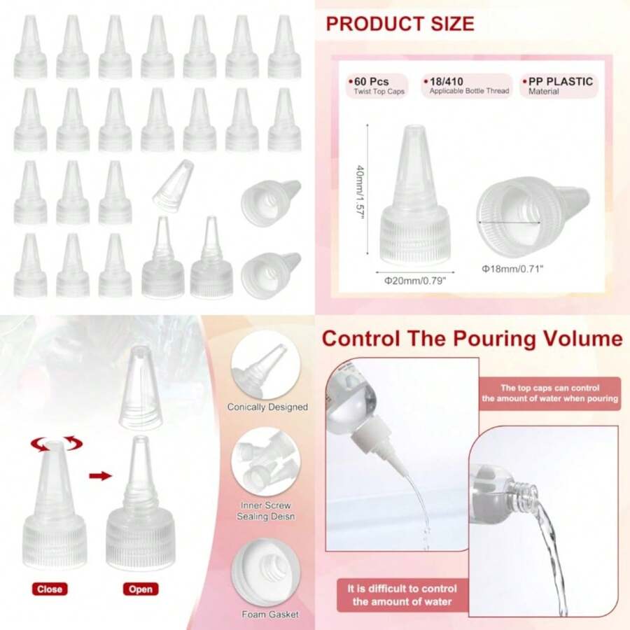 Twist Top Caps, 60Pcs Plastic Squeeze Bottle Replacement Caps With Foam Gasket For Paint Lids Glue Dispensing DIY Crafts - Clear - View 1
