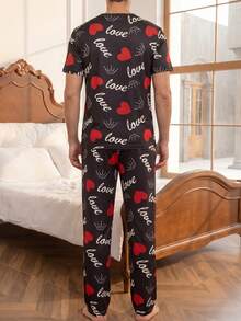 Men's Pajama Set, Heart Print Short Sleeve & Long Pants, Casual Loungewear 2 Pieces Set - Multicolor - View 4