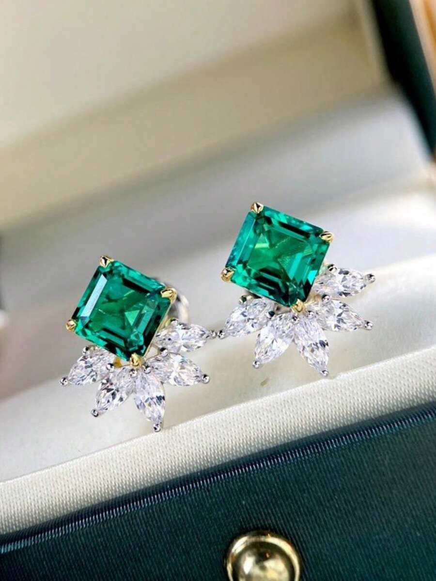 1 Pair Fashionable Luxury Elegant Minimalist Commuter Geometric Square Stud Earrings With Synthetic Cubic Zirconia, Women's Jewelry For Daily Wear, Banquet, Gift - Silver + Golden - View 1
