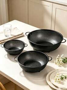 1pc Stainless Steel Black Fine Mesh Colander, Dual Handle Rice Washing Basket, Vegetable And Fruit Strainer, Stainless Steel Rice Sieve, Fine Mesh Design, Suitable For Washing Pasta, Vegetables, Rice, Fruit And Other Ingredients, Multi-Purpose Rice Washing And Vegetable Cleaning Basket, Kitchen Daily Essential, Kitchen Fruit Basket, Kitchen Must-Have, Christmas, Halloween Gift. - Black - View 5