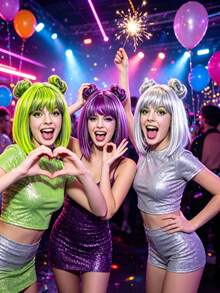 Neon Green Purple Silver Space Bun Wig, Smooth Straight Hair With Bangs, Breathable Adjustable Cap, Suitable For Colorful Party, Nightclub Photo Shoot, Cute Women's Styling Set - Multicolor - View 2