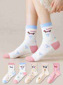 ZUJO 5 Pairs Women's Mid-Calf Socks, Star Bow Polka Dot Cartoon Puppy Pattern Short Socks, Simple And Comfortable, Suitable For Spring Autumn Winter Sports Wear - Multicolor - View 3